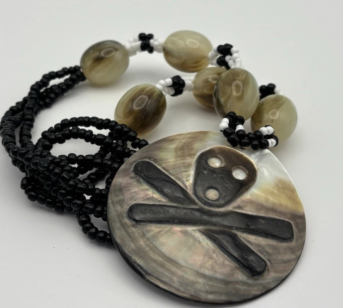 Tribal Skull Crossbones Shell Pendant Necklace Beaded Gothic Boho Statement