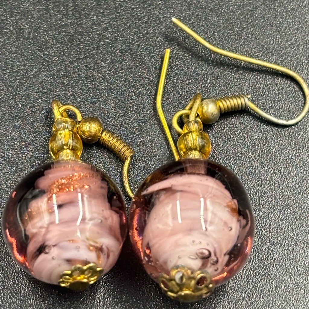 Vtg Venetian Murano Glass Bead Rose Foil Pink Gold Purple Jewellery Set “Italy”