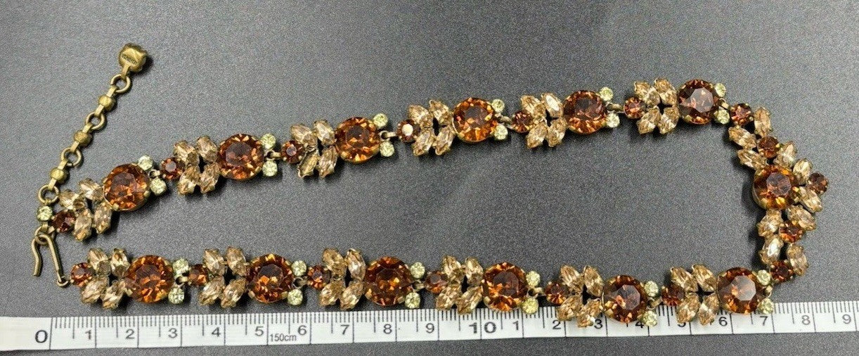 Rare Signed Austria Crystal Choker Necklace Amber Champagne Green Vintage
