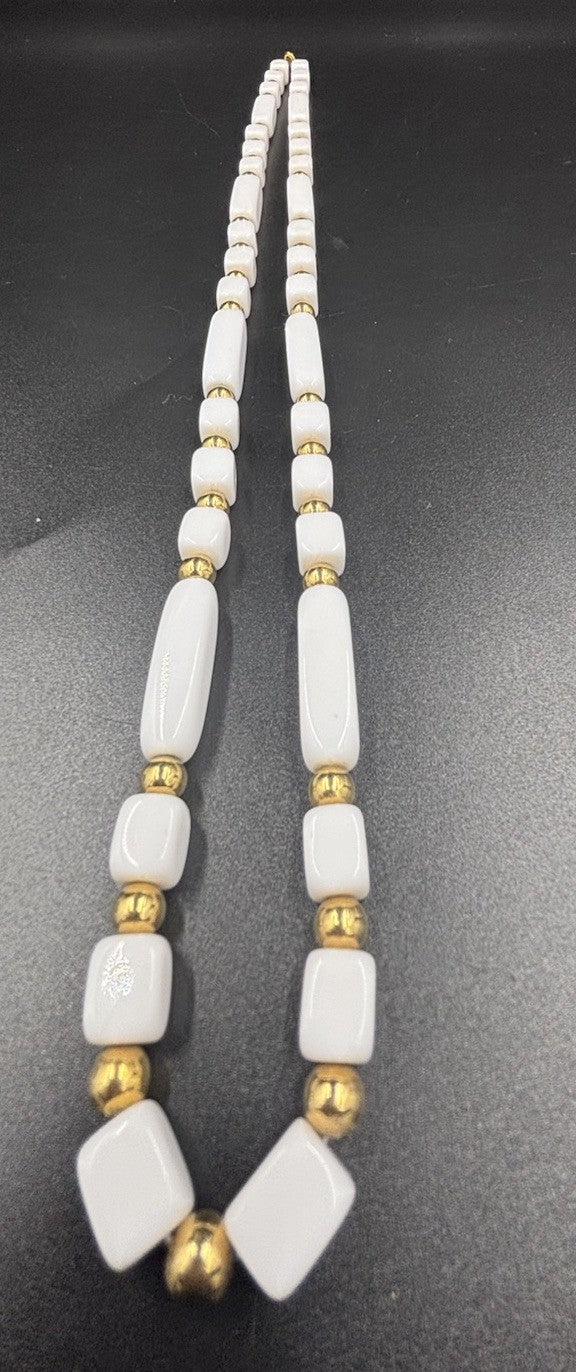 Vintage Trifari White Gold Tone Accents Lucite Long Beads Necklace Signed.