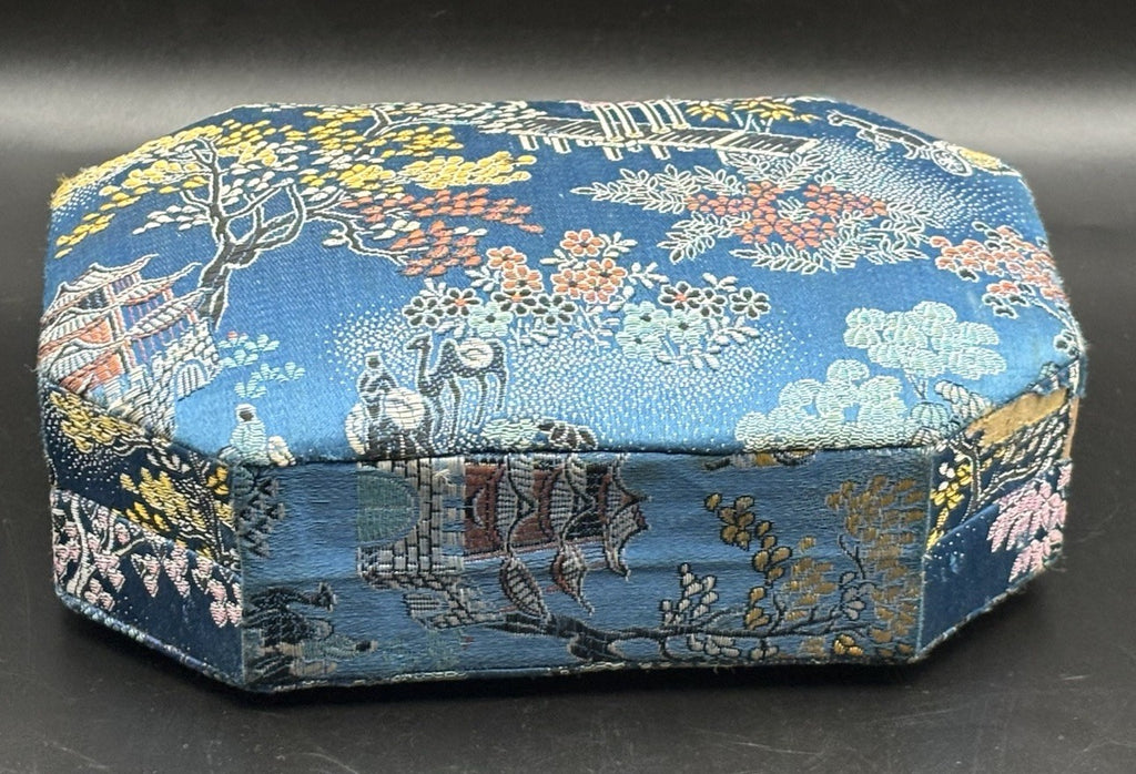 Vintage Chinese Silk Brocade Vanity Box Purse Mirror Case Scenic Motif Blue