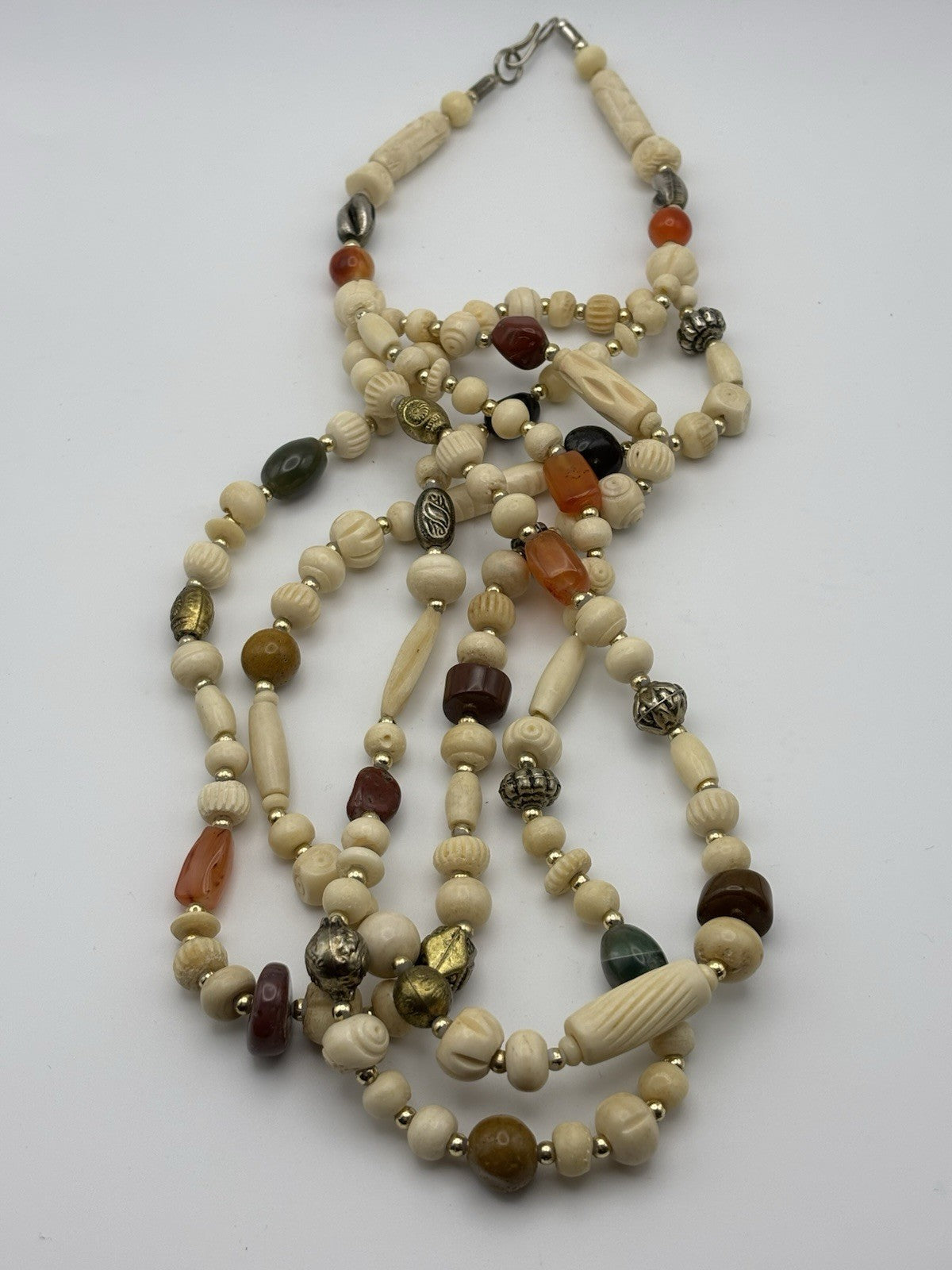 Vintage Boho Multi-Strand Necklace Faux Bone-Effect Beads Glass Carnelian Style
