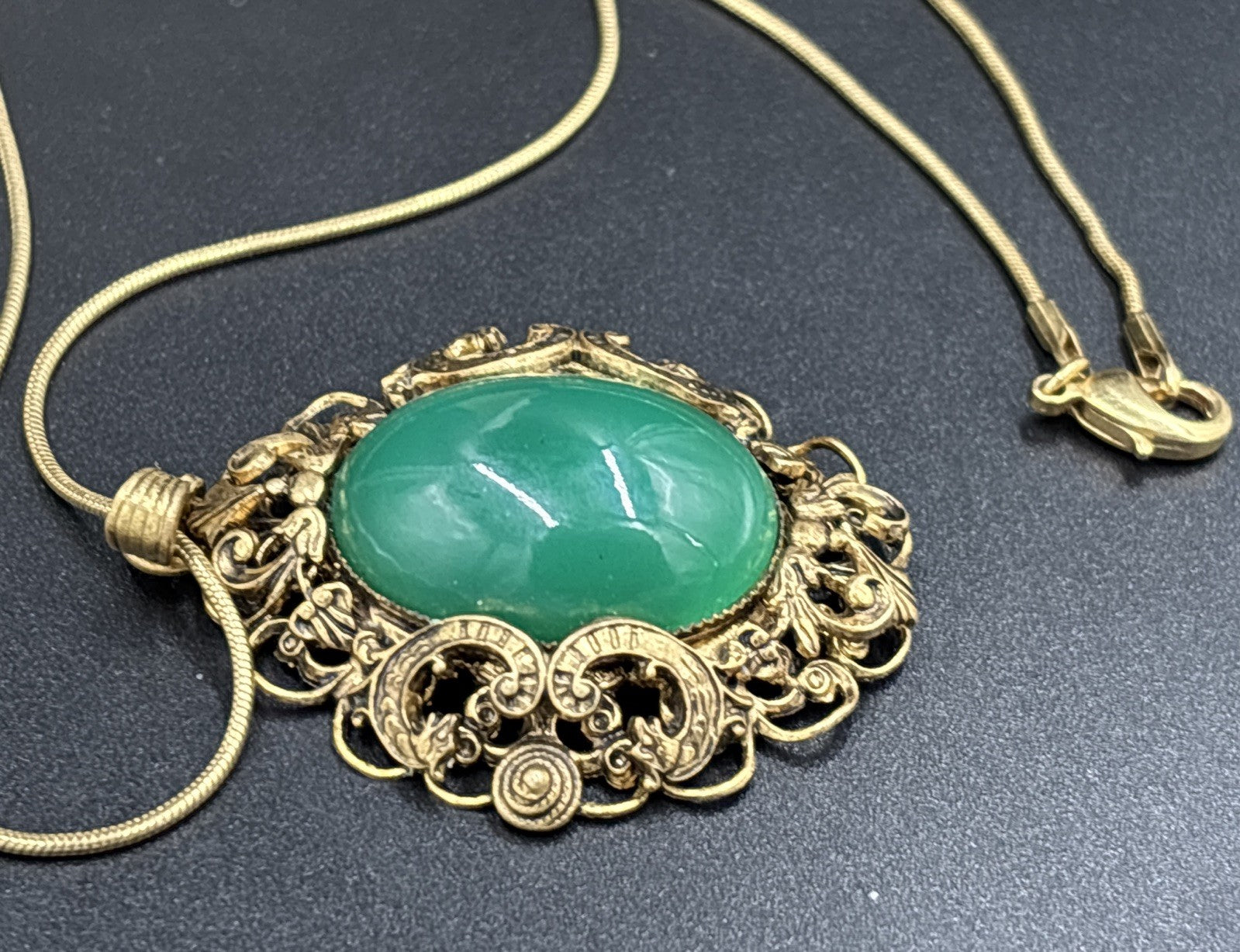 Antique Czech Uranium Glass Pendant Art Nouveau Brass Filigree Gold Filled