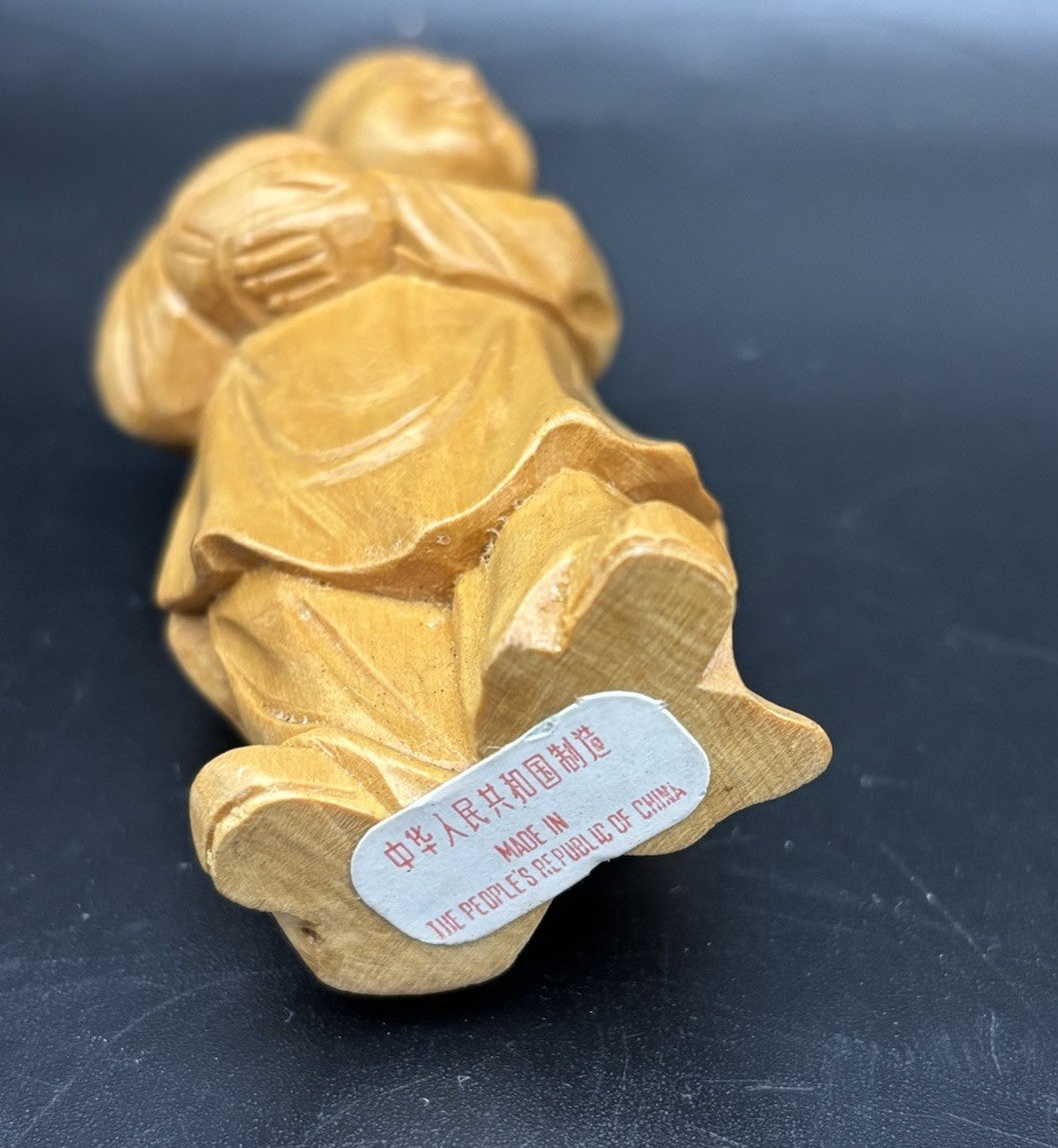 Vintage Chinese Hand Carved Wooden Monk Child Figurine Holding Bowl PRC