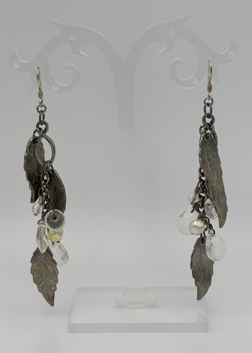 Vintage Sterling Silver Leaf Dangle Earrings with Crystal and Pearl Charms