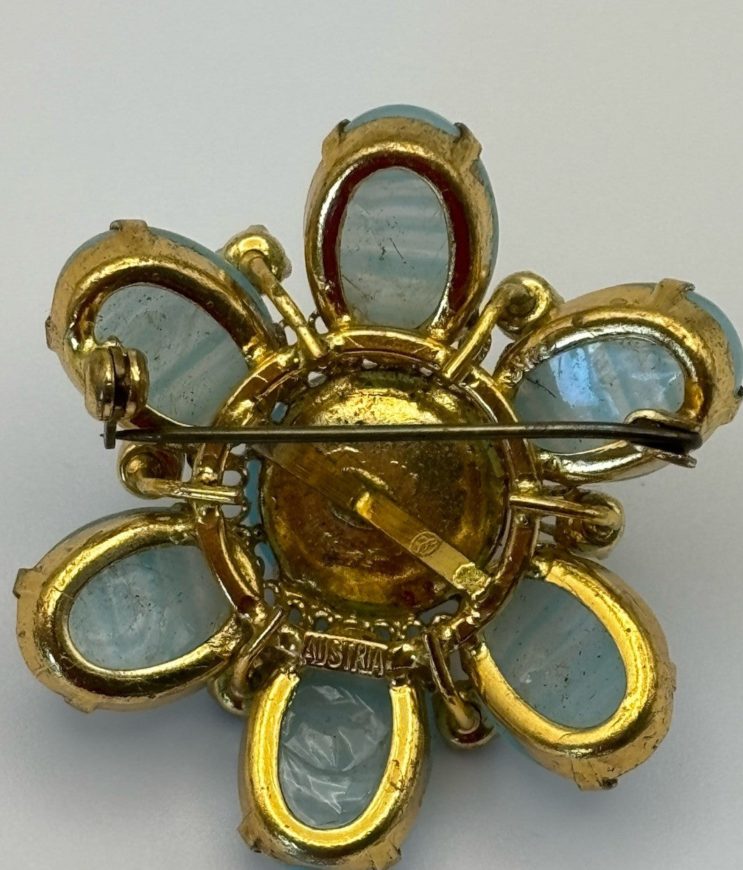 Vintage 1950s Vintage AUSTRIA Moonglow Glass Flower Brooch Signed