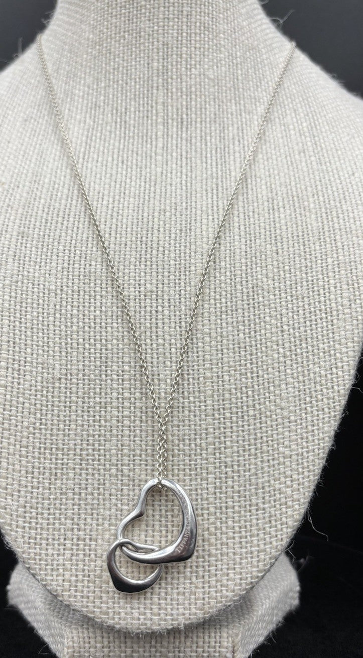Tiffany Elsa Peretti Sterling Silver Large Double Open Heart Pendant Necklace