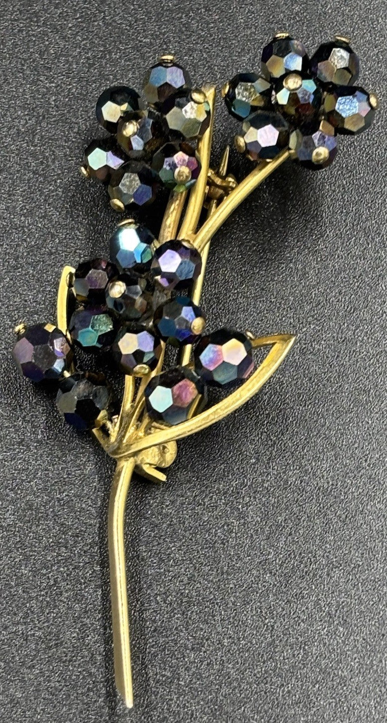 Vintage 1950s Aurora Borealis Beaded Flower Brooch Gold Tone Floral Spray