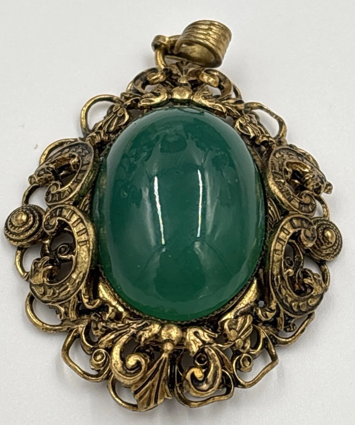 Antique Czech Uranium Glass Pendant Art Nouveau Brass Filigree Gold Filled