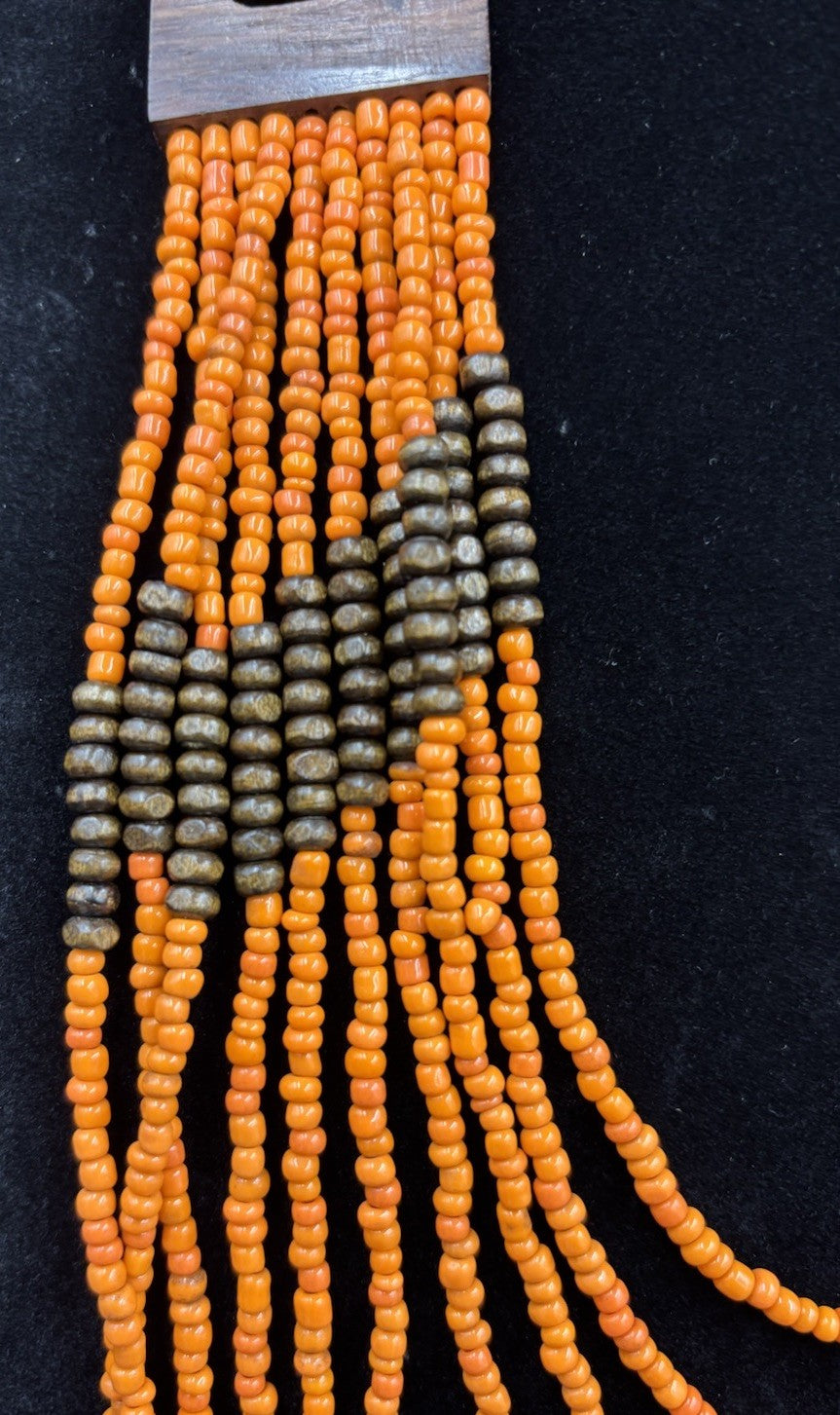Vintage Tribal Orange Beaded Multi-Strand Necklace Wood Clasp Boho Ethnic