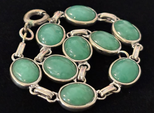Vintage 10K white gold jade cabochon link bracelet natural green oval stones bezel set