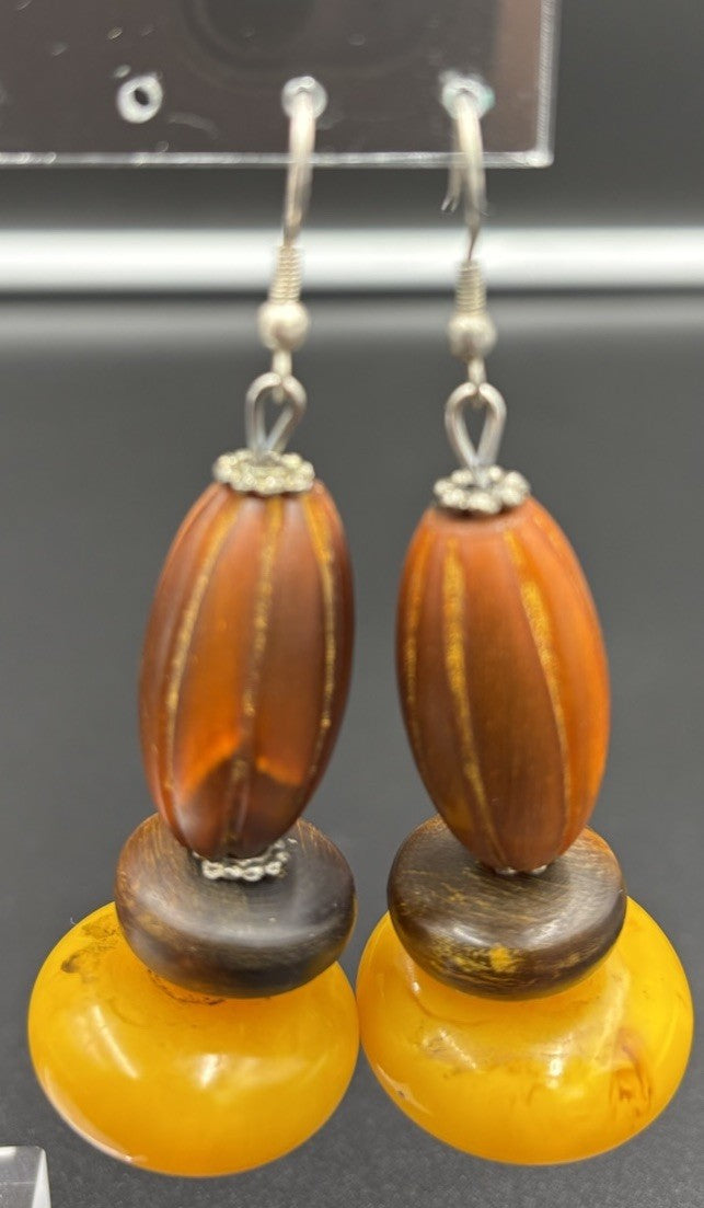 Vintage Casein Egg Yolk Earrings Chunky Marbled Butterscotch Tribal Boho Dangle