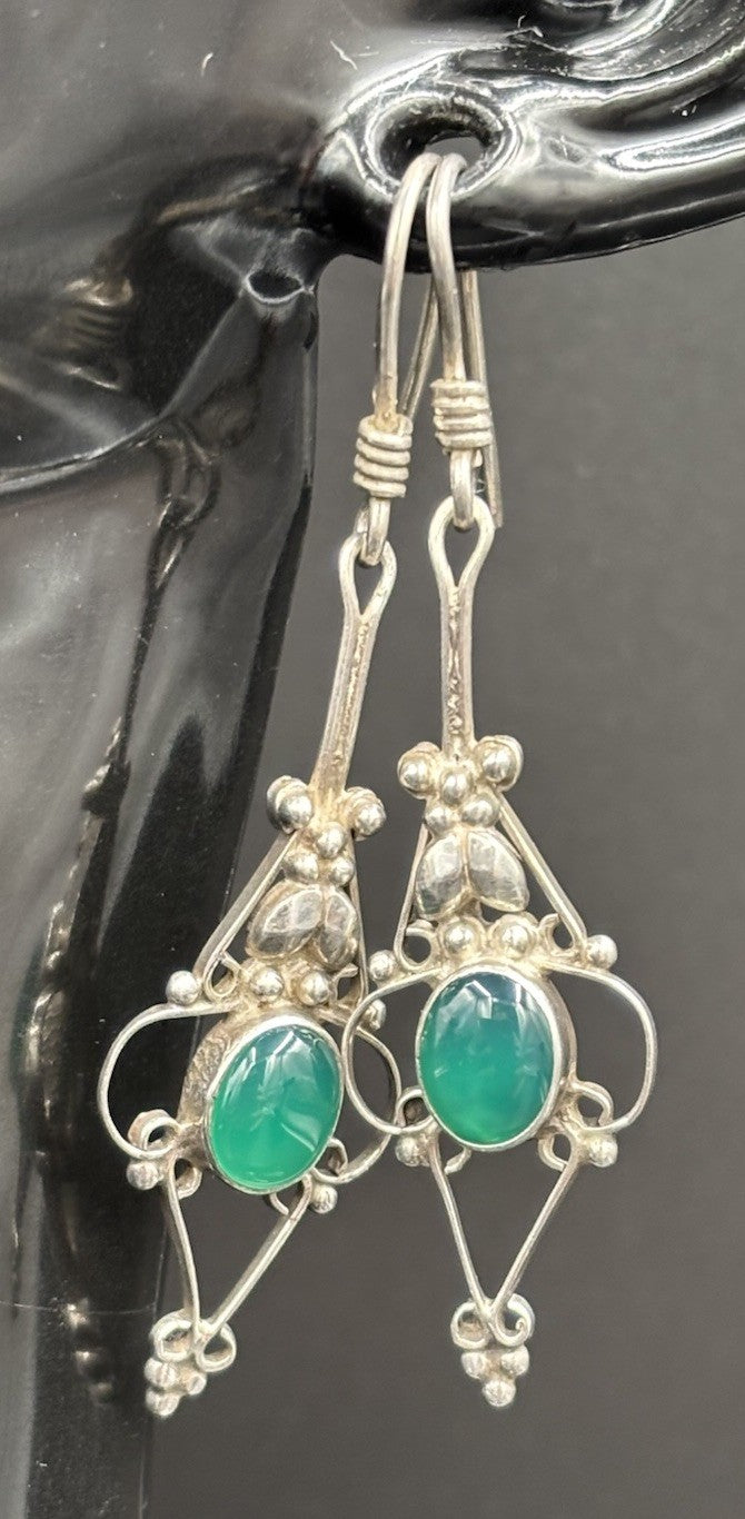 Vintage Sterling Silver Green Onyx Earrings Boho Filigree Dangle 925