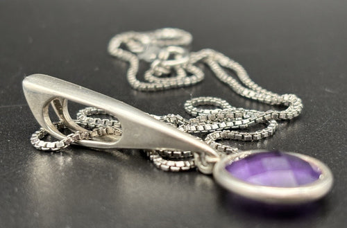 Genuine amethyst sterling silver modernist drop pendant necklace