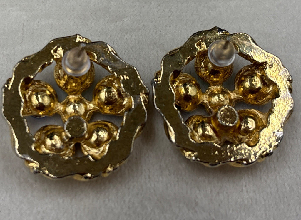 Vintage Mogul Style Pierced Earrings Gold Tone Colourful Glass Rhinestone