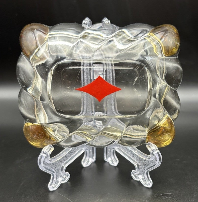 Mid Century Glass Ashtray Gold Tone Corners Red Diamond Trinket Dish