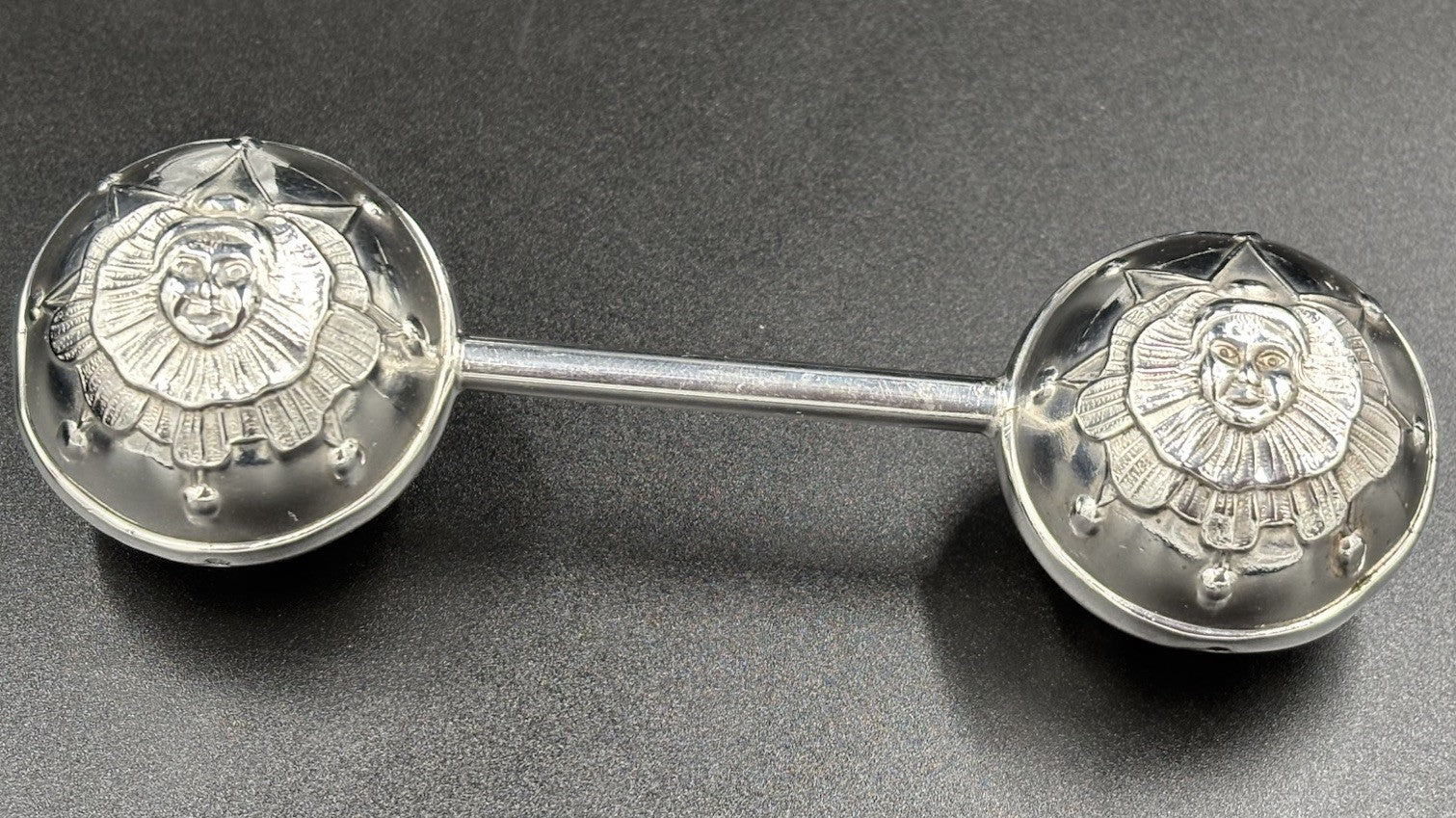 Antique Silver Baby Rattle Celestial Sun Face Repoussé