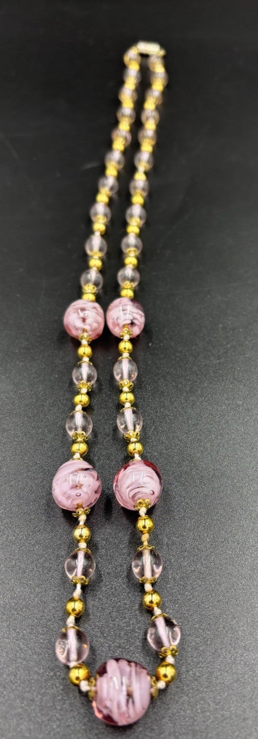 Vintage Italian Venetian Murano Glass Bead Necklace Pink & Purple Gold Lampwork