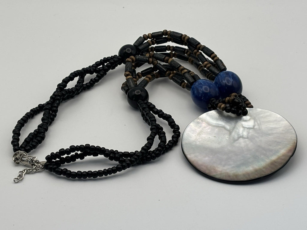 Tribal Shell Pendant Necklace Geometric Design Beaded Blue Black Boho Jewelry