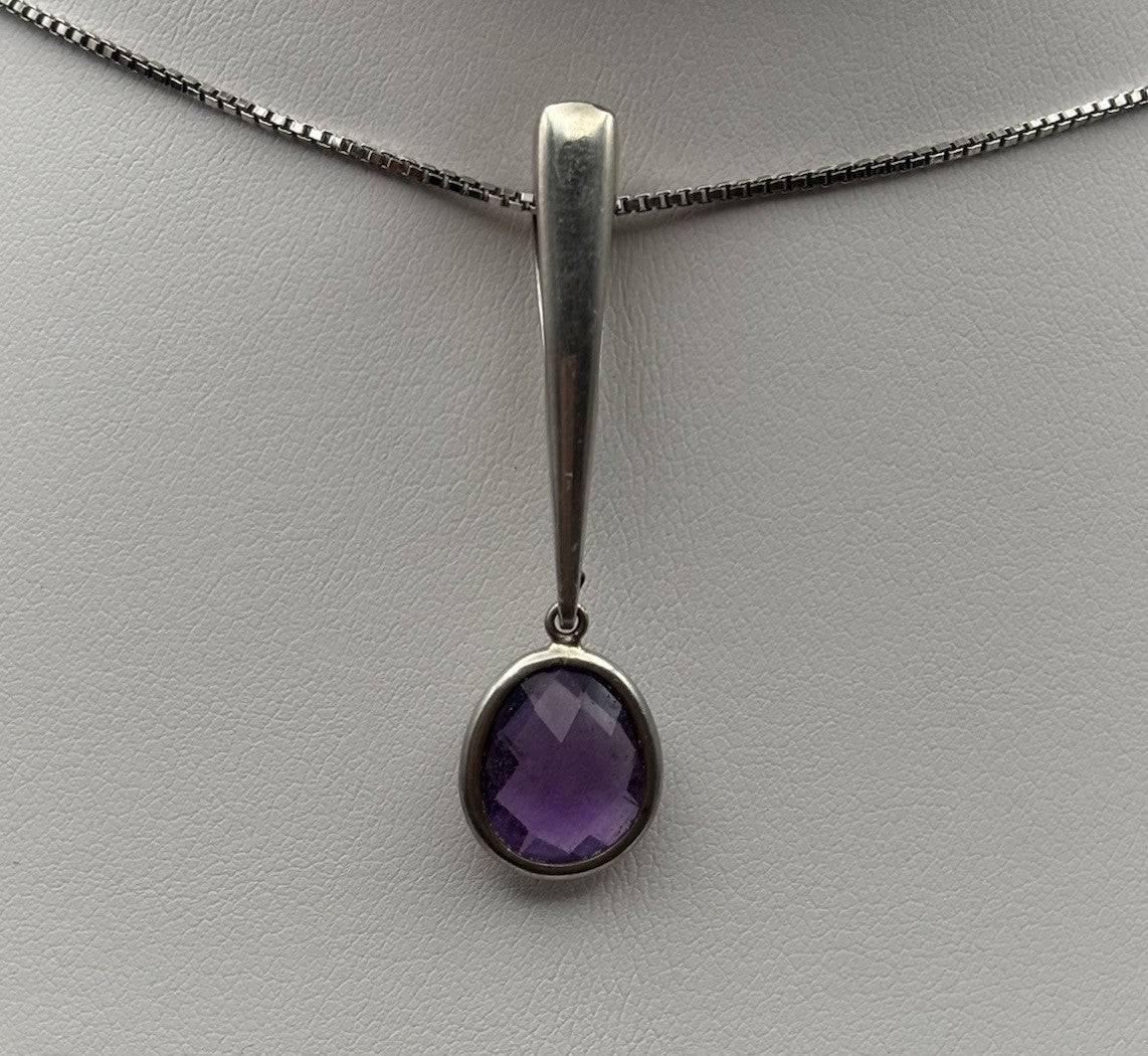 Genuine Amethyst Sterling Silver 925 Modernist Drop Pendant Necklace
