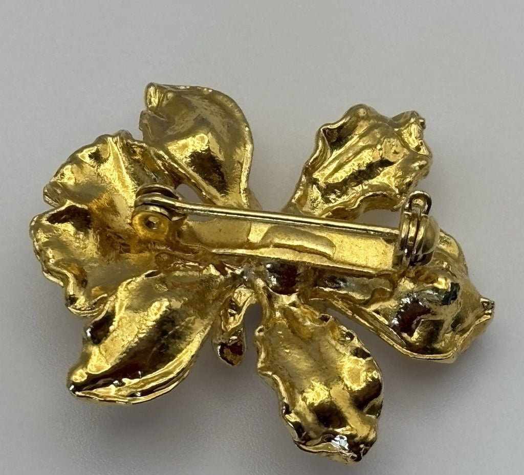 Vintage 1980s Gold Tone Orchid Flower Brooch Statement Floral Jewelry