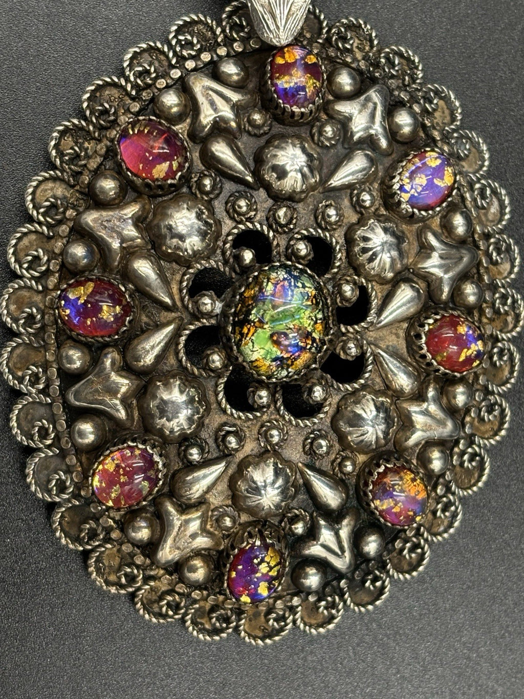 Vintage Sterling Silver Etruscan Egyptian Revival Necklace Foil Art Glass