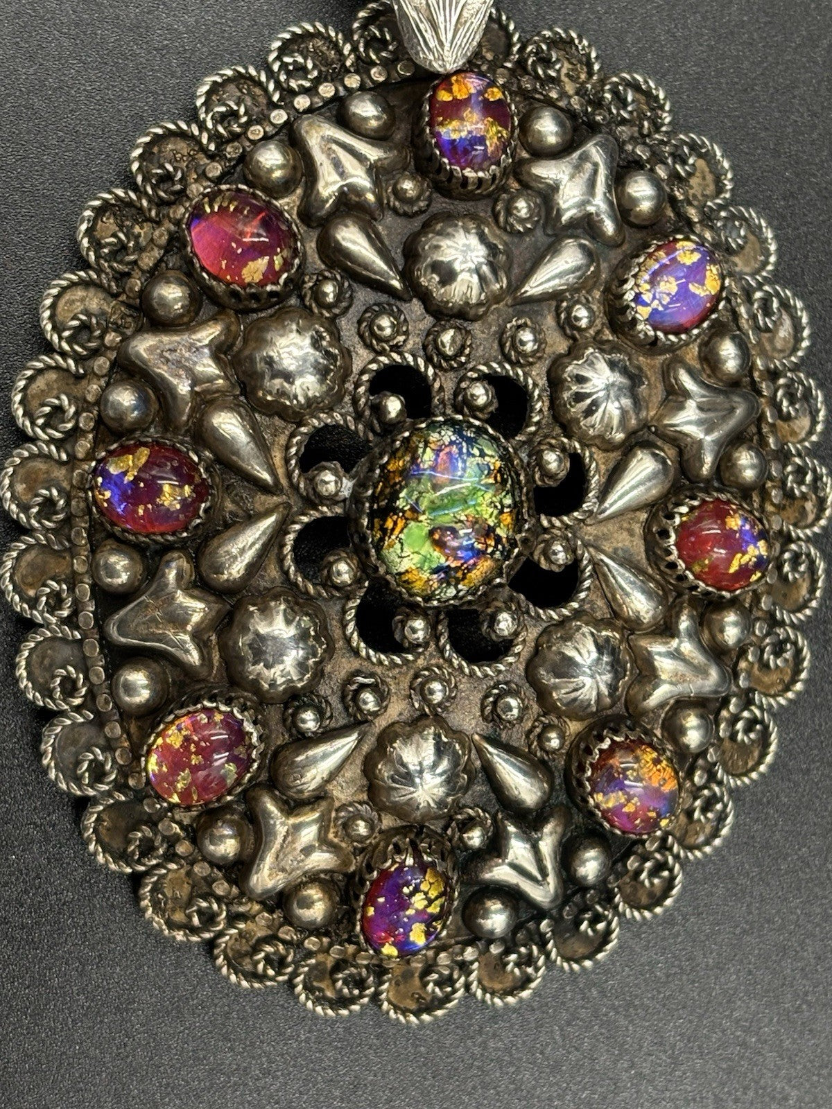 Vintage Sterling Silver Etruscan Egyptian Revival Necklace Foil Art Glass