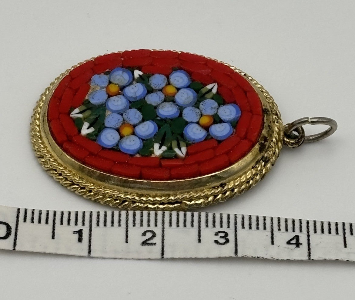 Vintage Italian Micro Mosaic Floral Pendant Red Frame Glass Italy
