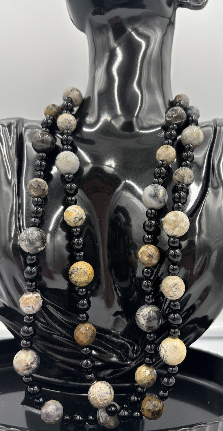 Vintage Picasso Jasper Gemstone Necklace Long Natural Stone With Black Beads