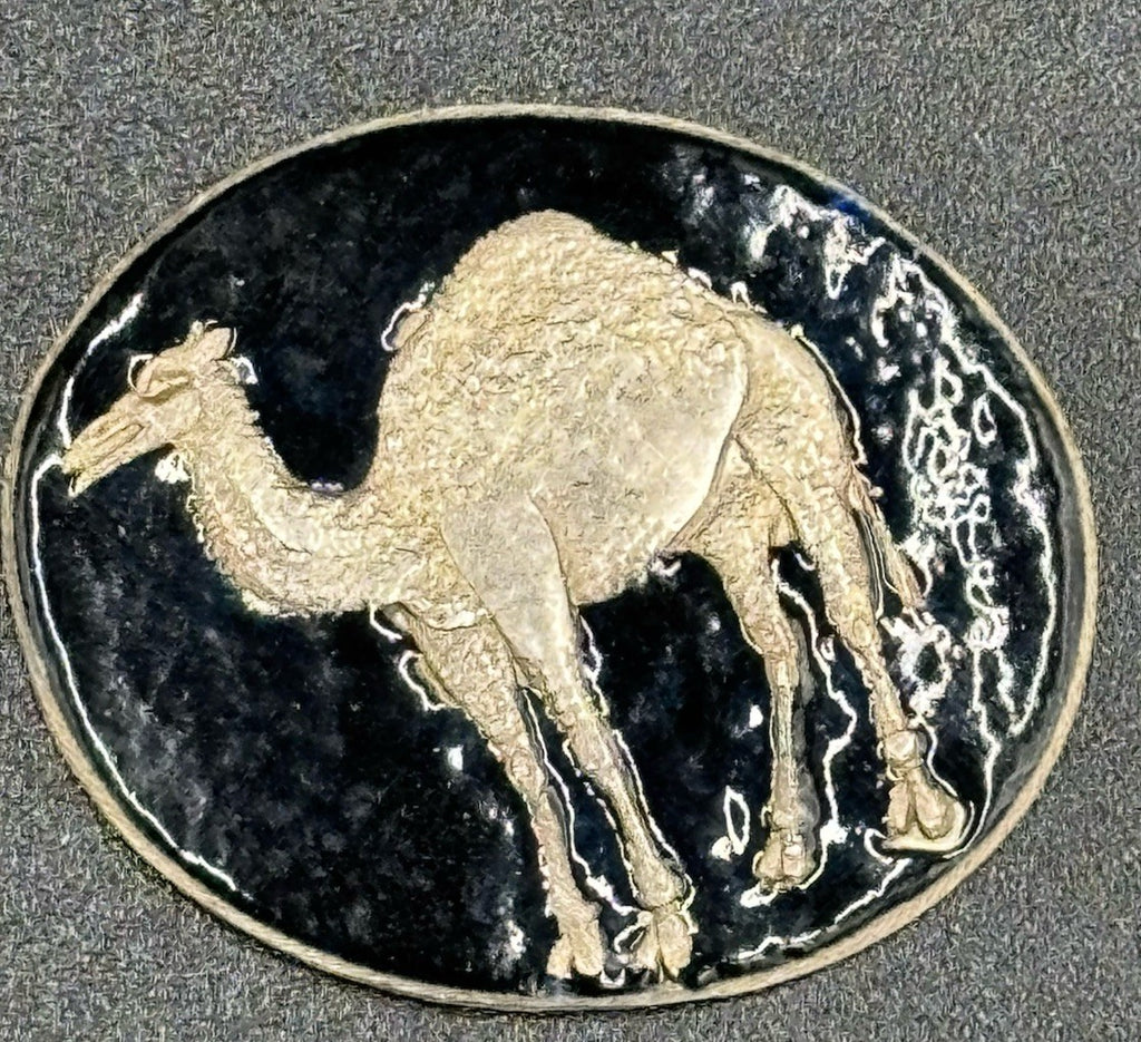 Vintage Middle Eastern Silver Black Enamel Camel Brooch Medallion Tribal Desert