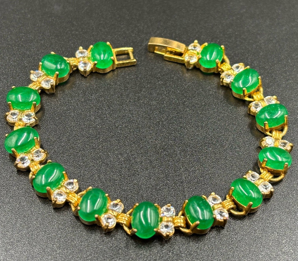 Vintage Natural Jade Bracelet Gold Tone Cubic Accents Elegant Classic Jewelry