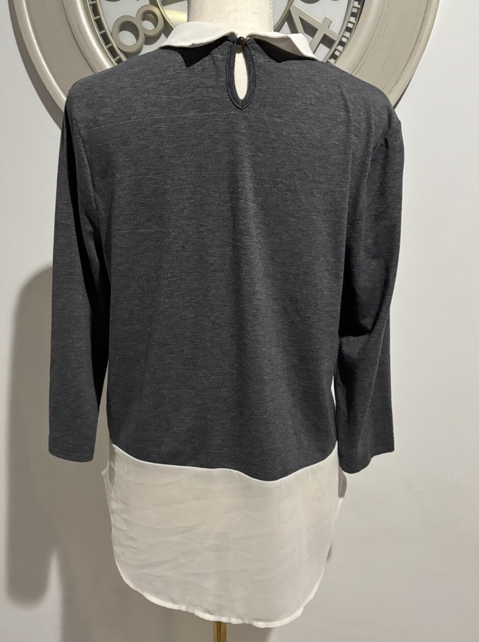 Valley Girl Grey Top White Peter Pan Collar Long Sleeve Blouse Size 10