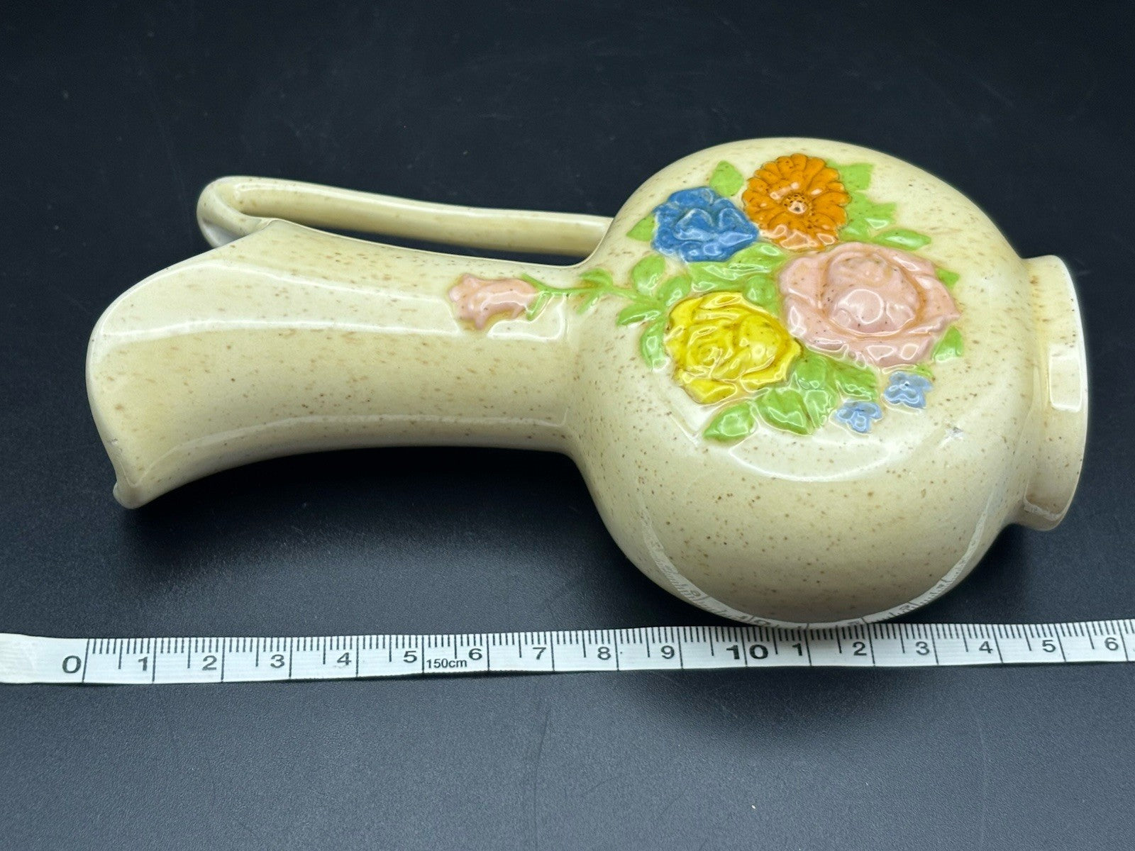 Vintage RNS Ceramic Floral Pitcher Vase Speckled Glaze Handled Jug