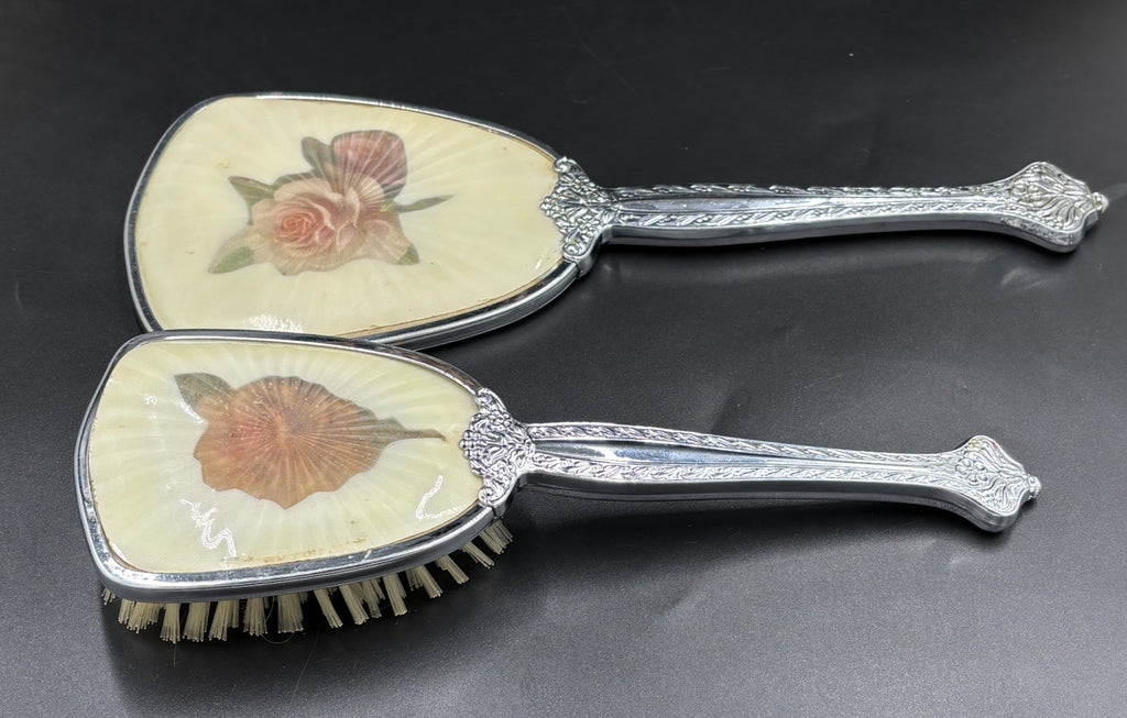 Vintage Vanity Brush & Hand Mirror Set Floral Silver Tone Mid Century