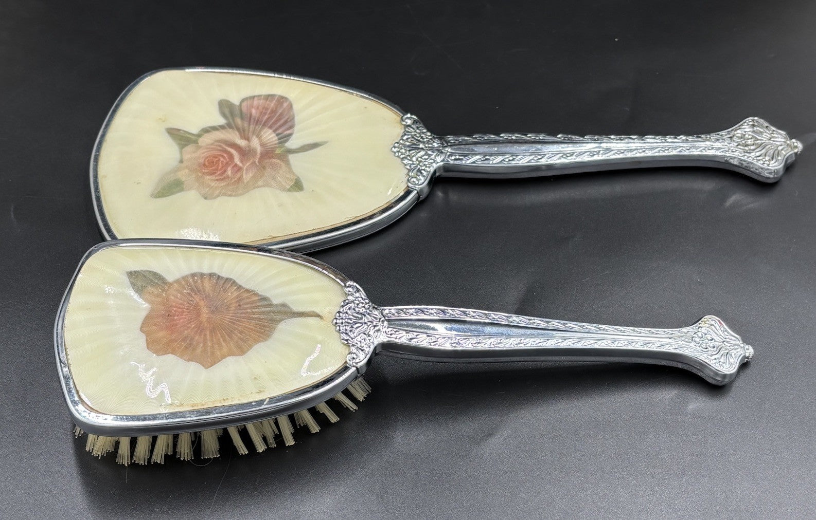 Vintage Vanity Brush & Hand Mirror Set Floral Silver Tone Mid Century