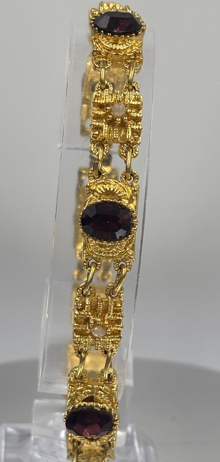 Vintage Gold Tone Panel Bracelet Garnet Style Stones Artisan 19cm