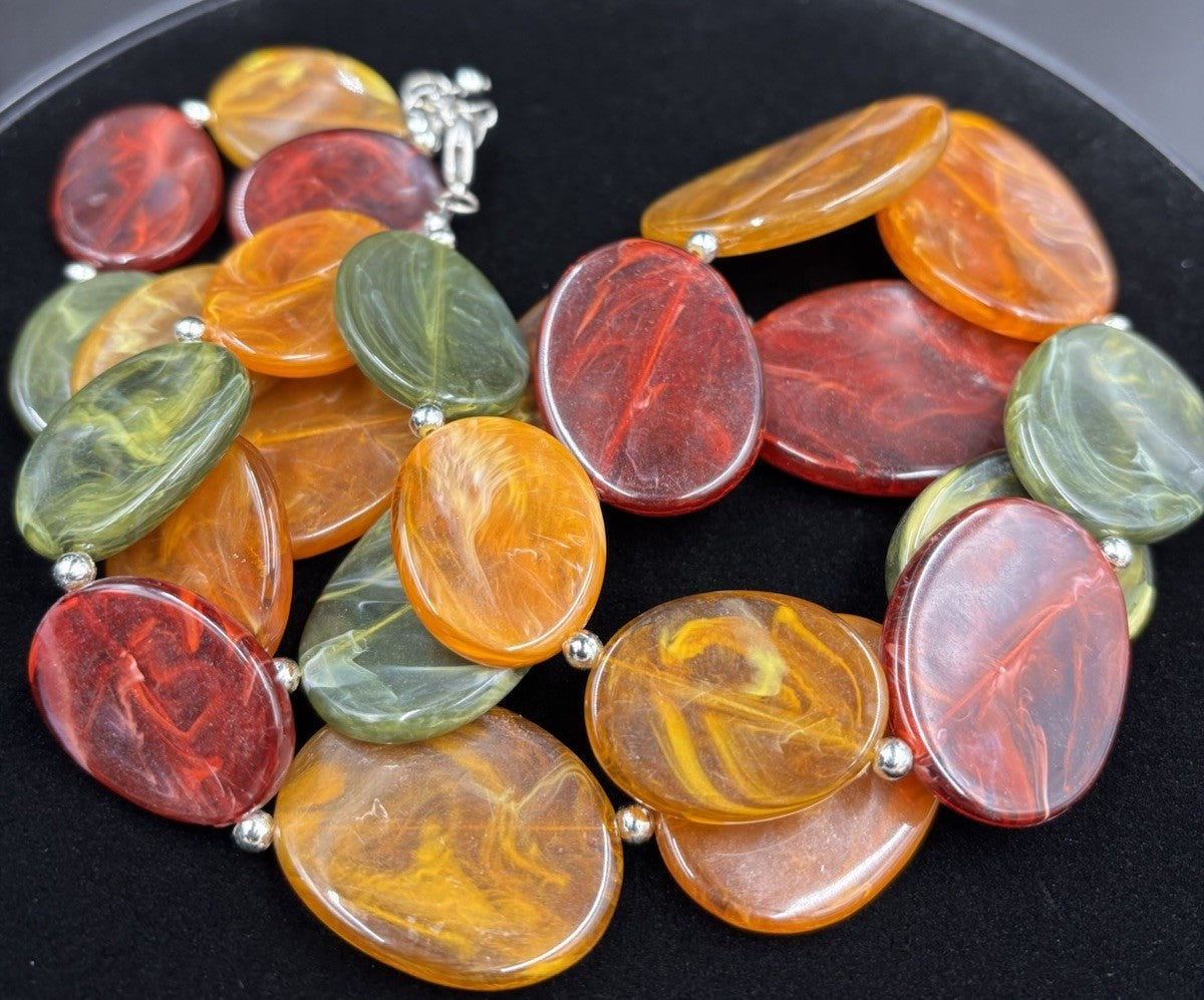 Vintage Chunky Marbled Resin Bead Necklace Green Amber Red Swirl Statement