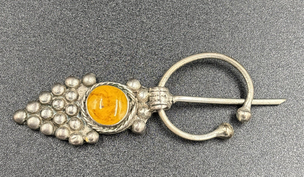 Vintage Berber Fibula Cloak Pin – Silver Tone, Amber Cabochon