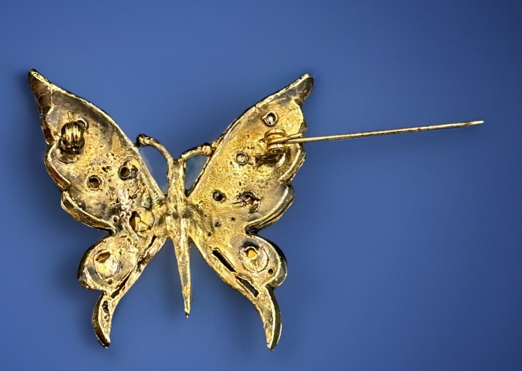 Vintage Gold Tone Butterfly Rhinestone Brooch Multicolour Glass