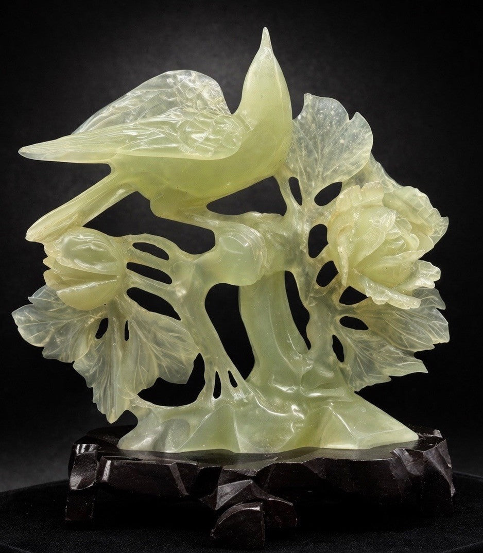Large Chinese Jadeite Jade Bird Floral Carving Hand Carved Display Sculpture