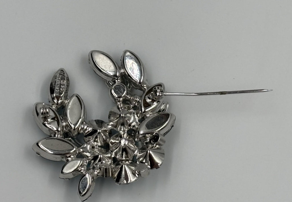 Vintage Signed Eisenberg Ice Rhodium Plated Blue Rhinestone Leaf Spray Brooch