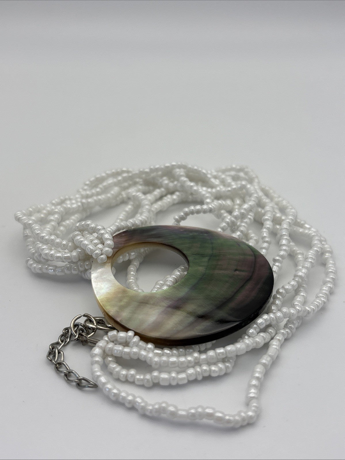 Vintage Mother of Pearl Shell Pendant Necklace Multi Strand White Seed Beads