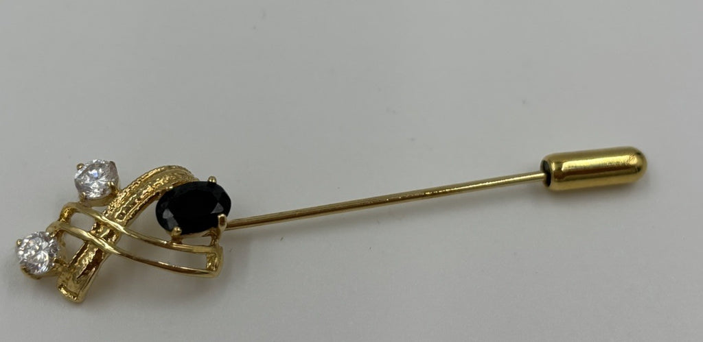 Vintage Gold Tone Stick Pin with Onyx & Clear Rhinestone Lapel Brooch