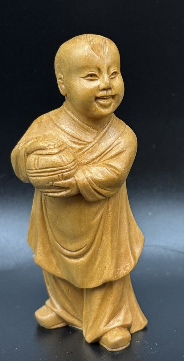 Vintage Chinese Hand Carved Wooden Monk Child Figurine Holding Bowl PRC