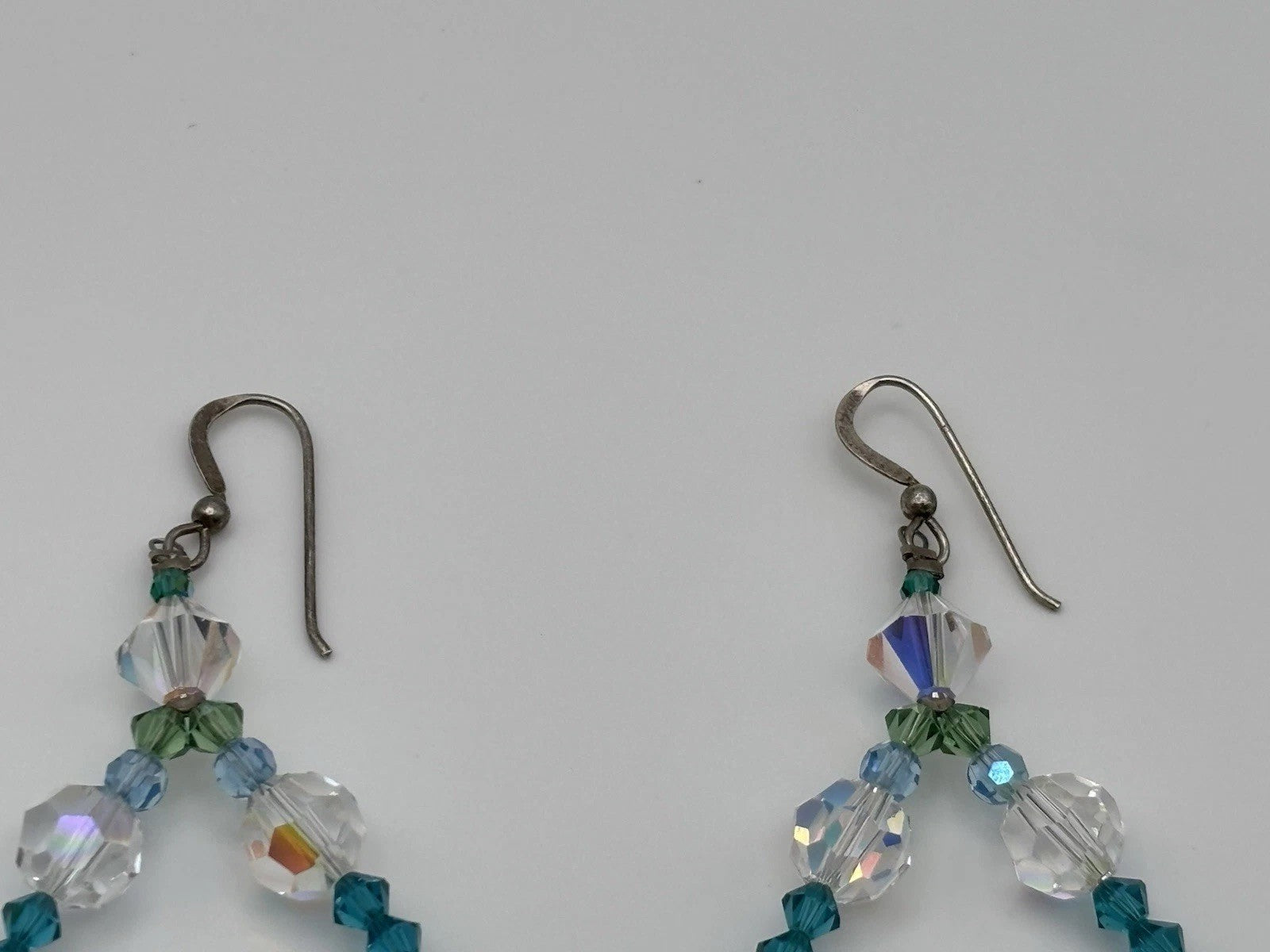 Vintage Sterling Silver Blue Green AB Crystal Dangle Earrings Austrian Crystal