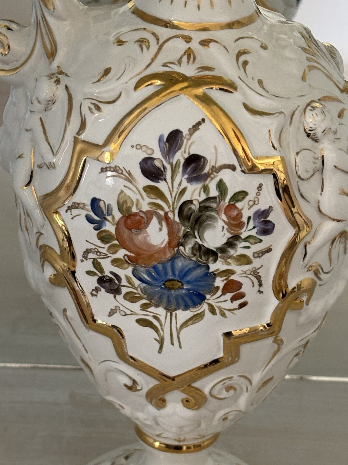 Vintage Capodimonte Italian Porcelain Cherub Ewer Vase Hand Painted Gold Gilt