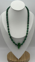 Vintage Malachite Bead Necklace with Carved Jade Dragon Pendant & Accents