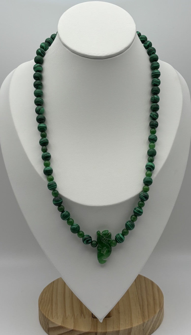 Vintage Malachite Bead Necklace with Carved Jade Dragon Pendant & Accents