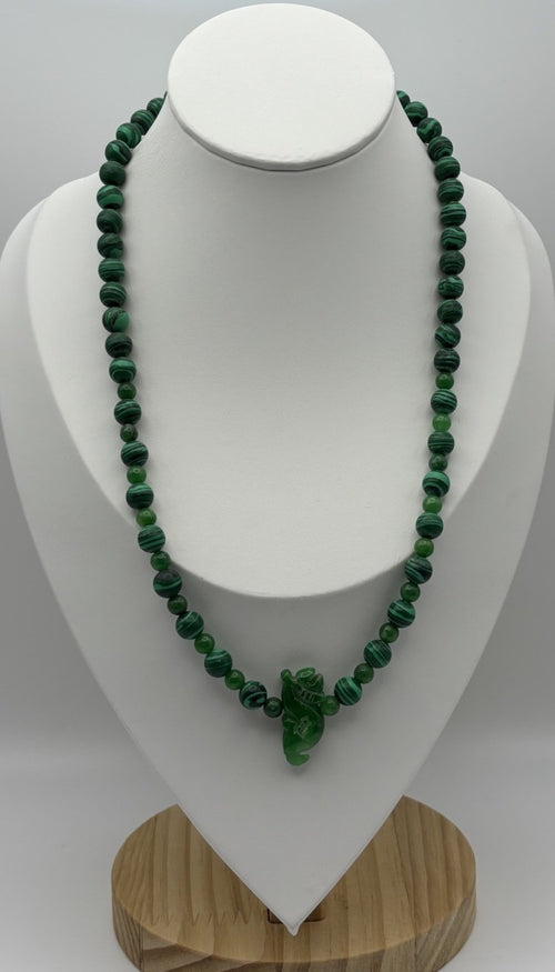 Vintage malachite bead necklace carved jade dragon pendant green natural gemstone