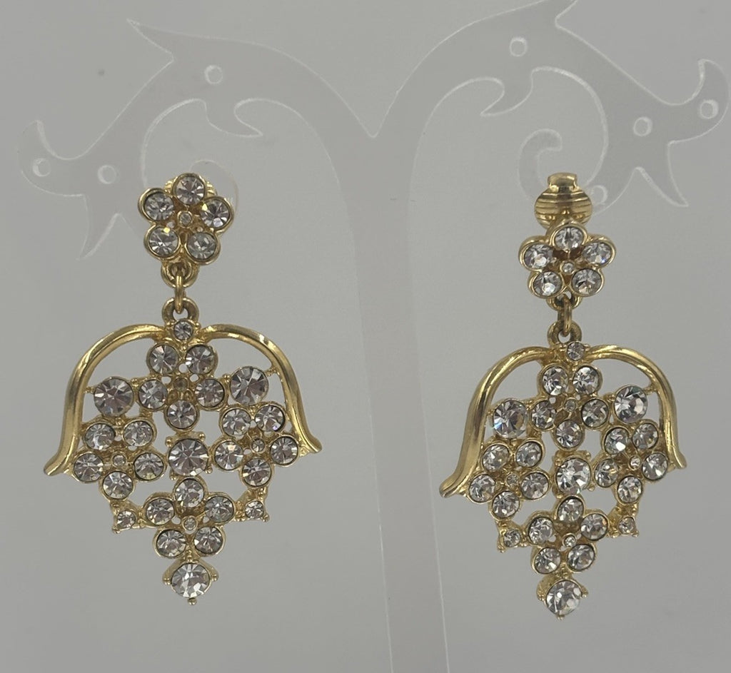 Vintage Barcs Clip On Earrings Gold Tone Chandelier Floral Rhinestone Sparkle